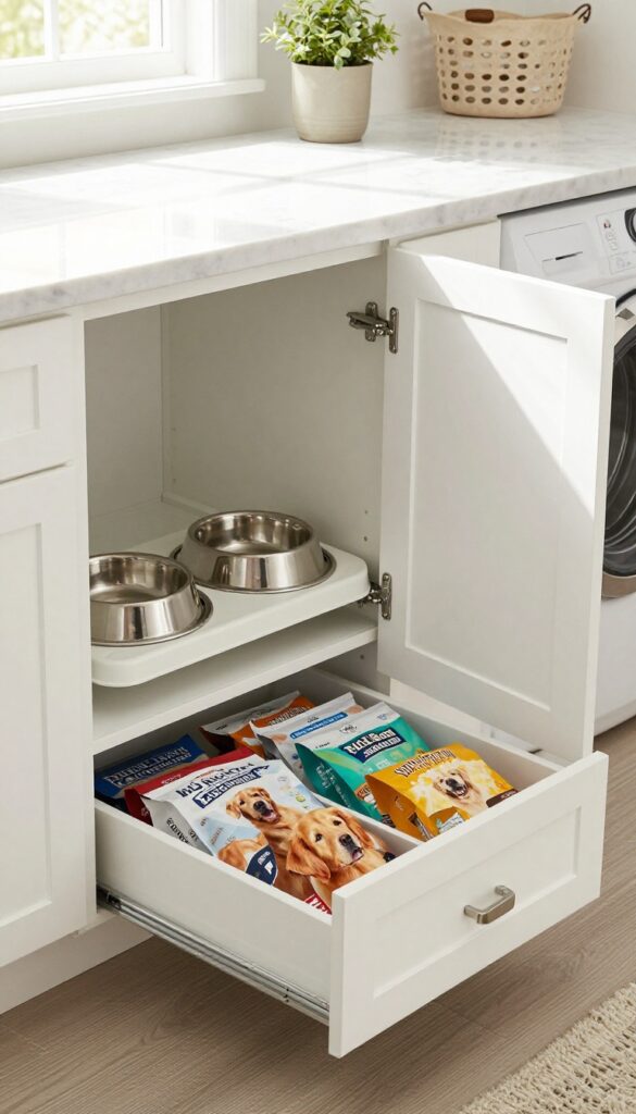 Built-in feeding station in laundry room with pull-out drawers for dog food storage and raised stainless steel bowls.