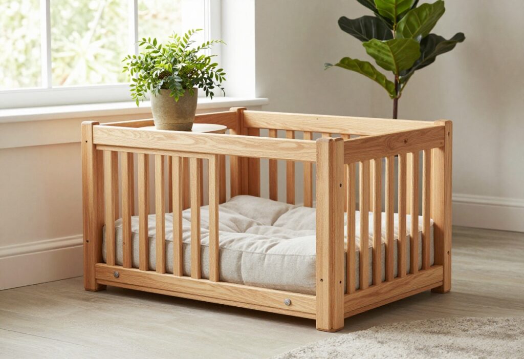 Modern dog crate as a side table in a bright living room with a plant and cushion