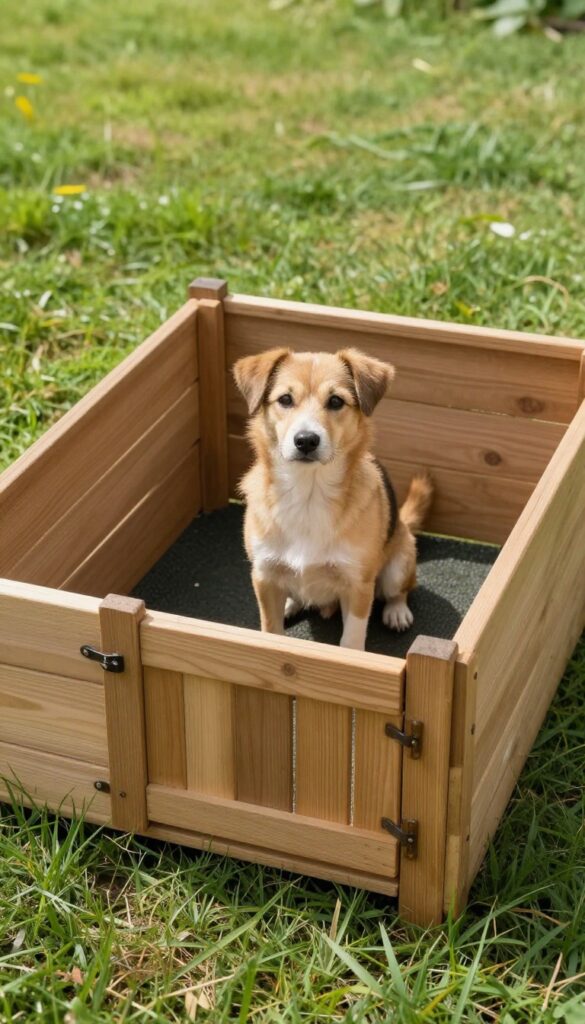 Dog sitting in a repurposed raised garden bed dog run with wooden sides and gate, rubber mat flooring, sunny backyard