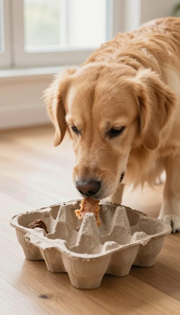 Dog solving an egg carton treasure hunt puzzle on the floor