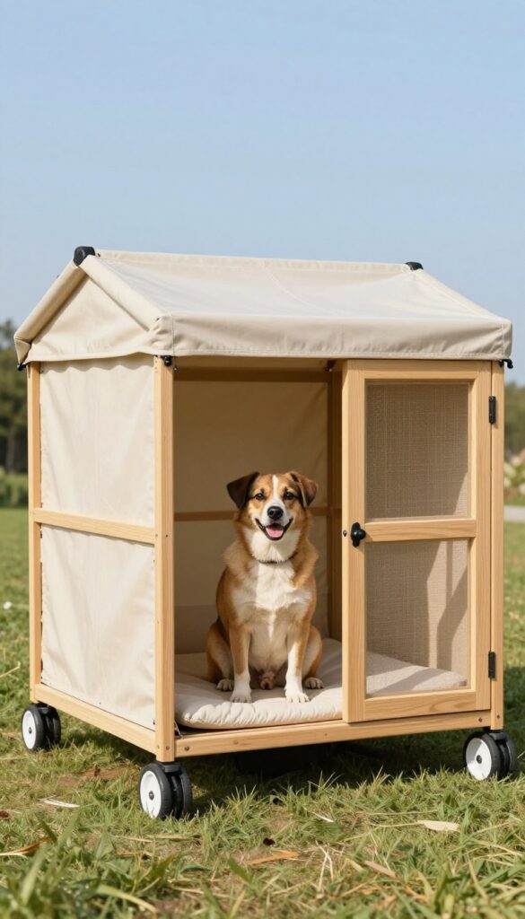Portable dog kennel with canvas roof and wheels in a sunny backyard