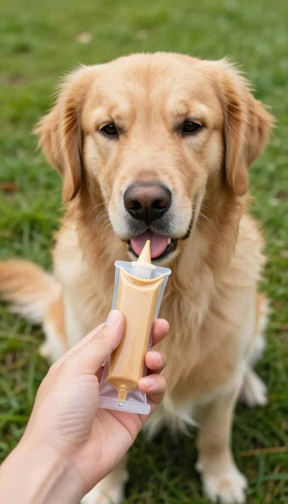 Hand squeezing peanut butter from a treat tube into a dog's mouth during outdoor training