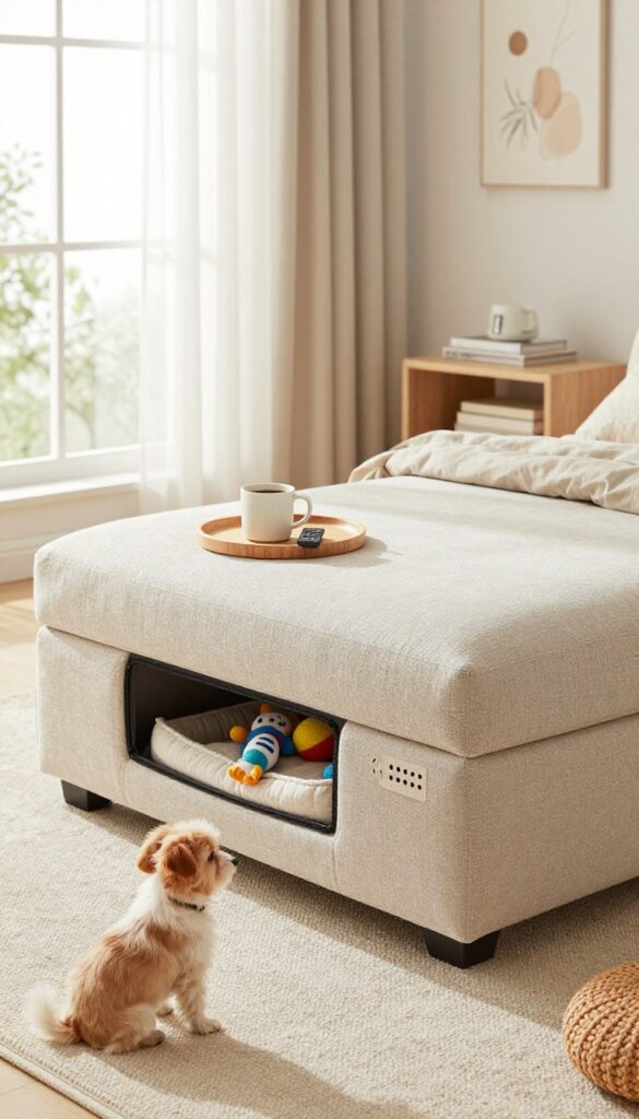 Large ottoman kennel with removable tray and dog bed inside, in a bright living room with a small dog nearby