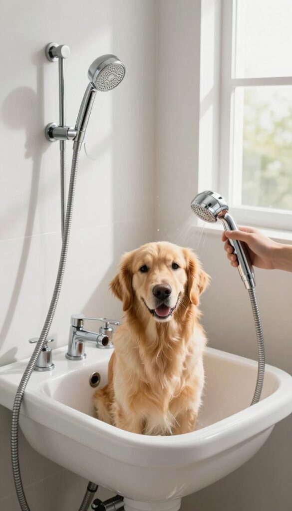 Dog in a laundry room sink being rinsed with a handheld shower wand