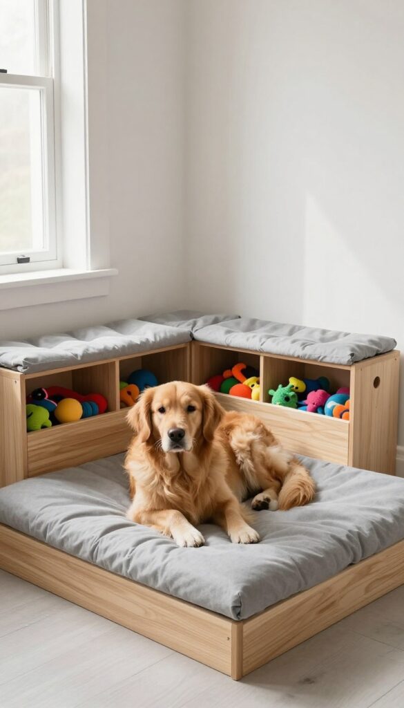 Dog lounging on cushioned built-in toy bins with toys stored below