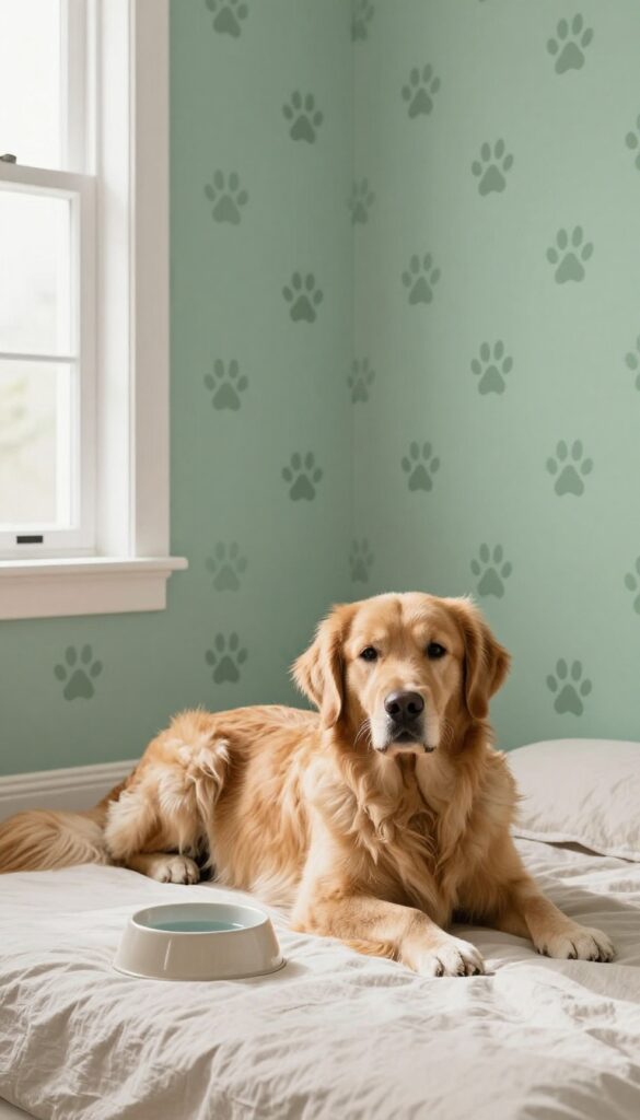 Washable wallpaper accent wall with subtle paw print pattern behind a dog bed and water bowl in a bright, clean room.