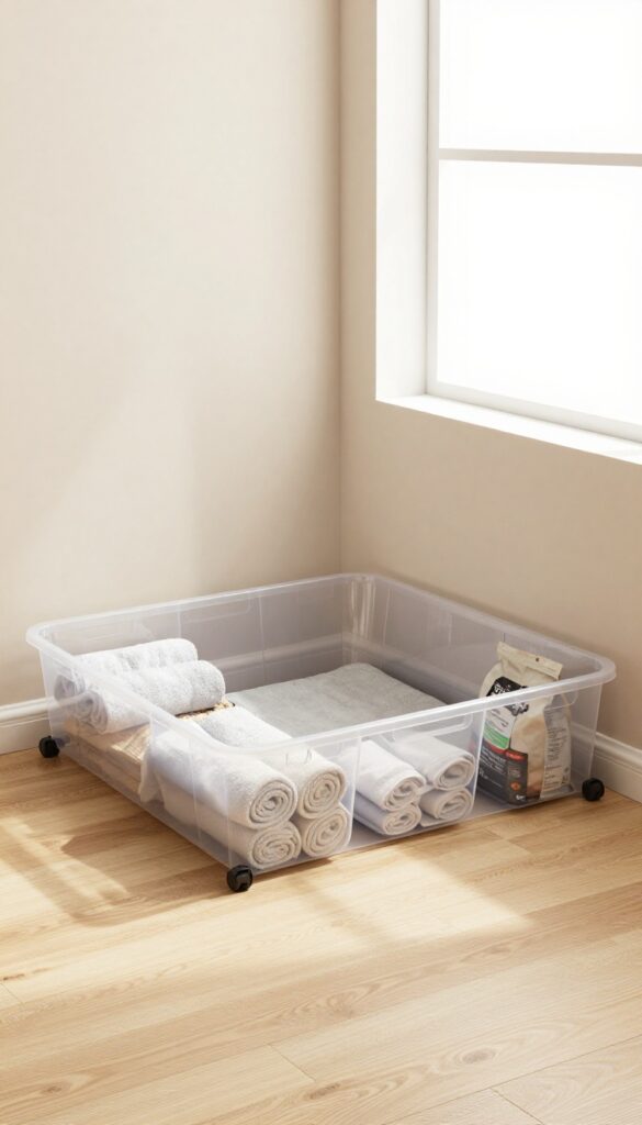 Under-bed storage bins on wheels beneath an elevated dog bed in a bright, organized kennel room.