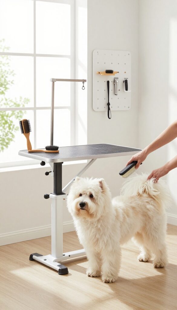 Dog grooming corner with adjustable table, natural light, pegboard storage, and a fluffy dog being brushed.
