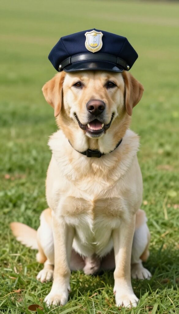 A dog wearing a police officer hat and badge costume, sitting in a sunny grassy area.