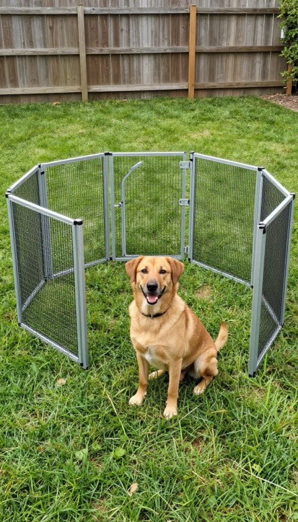 Portable exercise pen in a sunny backyard with a dog inside