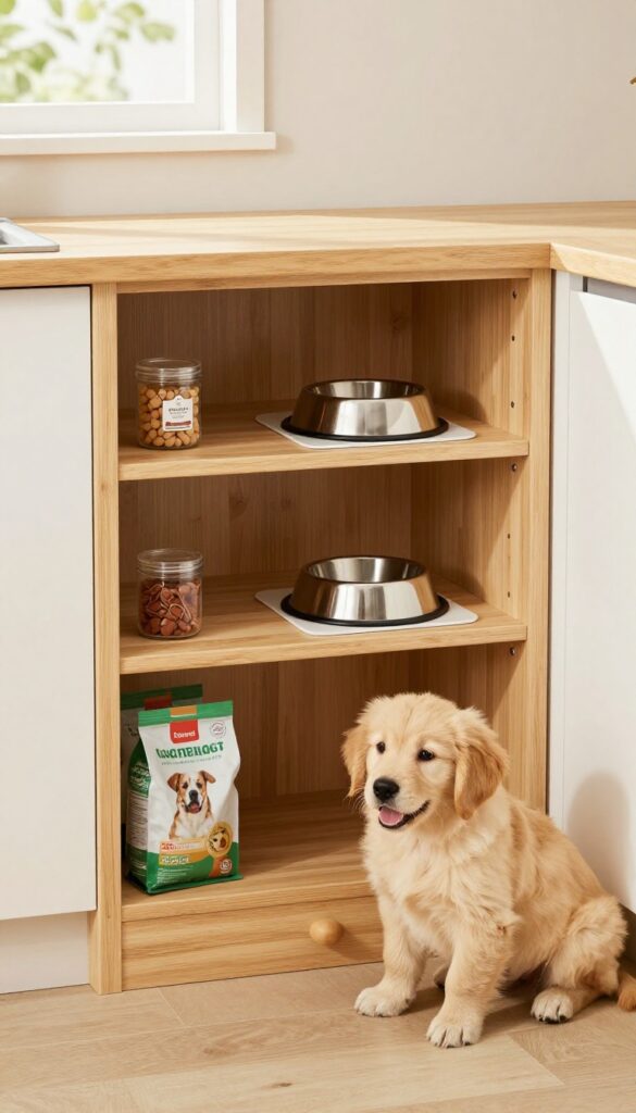 Puppy feeding station with built-in storage in a bright kitchen corner