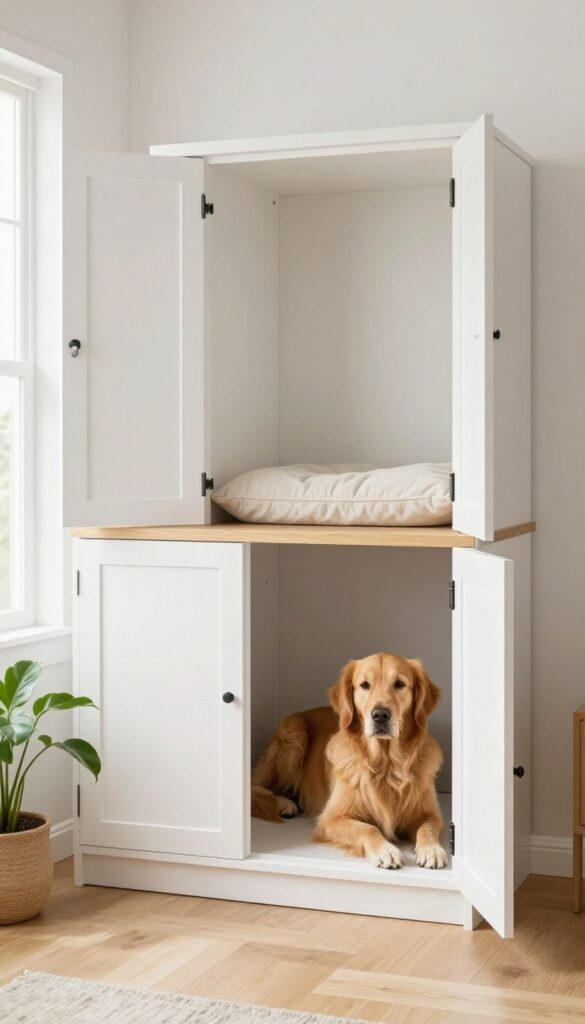Built-in crate nook with hidden storage drawers in a bright living room, dog resting inside