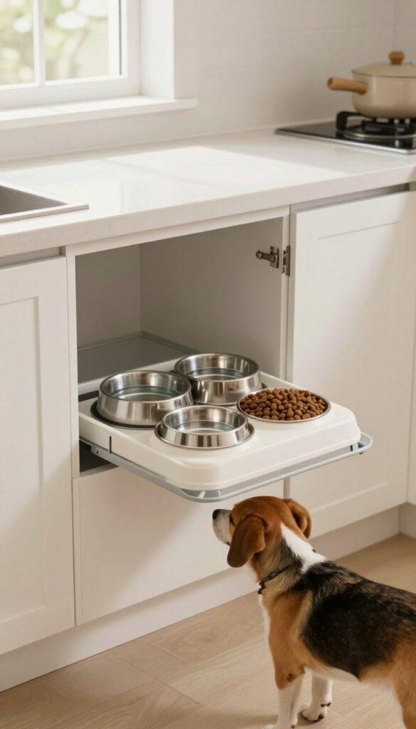 Built-in feeding station inside a kitchen cabinet with dog eating from bowls