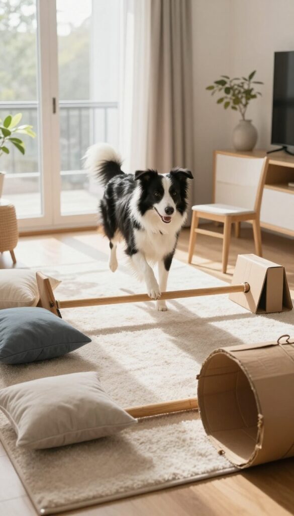 DIY dog obstacle course using household items like pillows, chairs, broomsticks, and a cardboard box tunnel in a bright living room