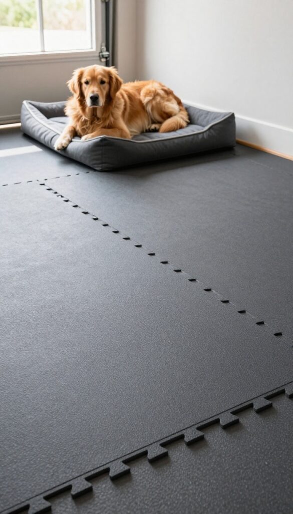 Durable rubber mat flooring in a garage with a dog resting on a bed, showcasing easy-to-clean and scratch-resistant surface.