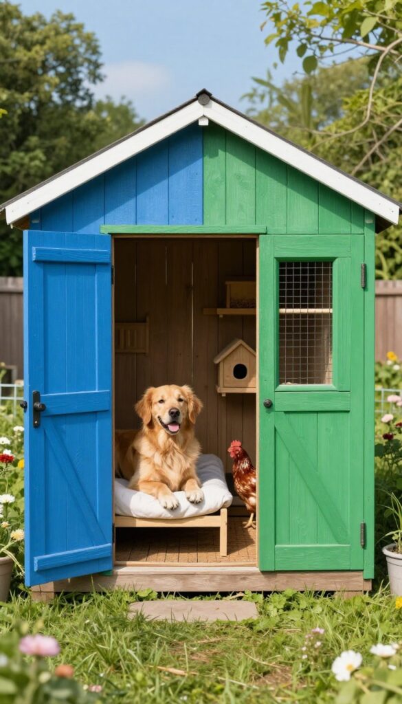 A divided shed conversion with separate doors for a dog kennel and chicken coop in a sunny backyard.