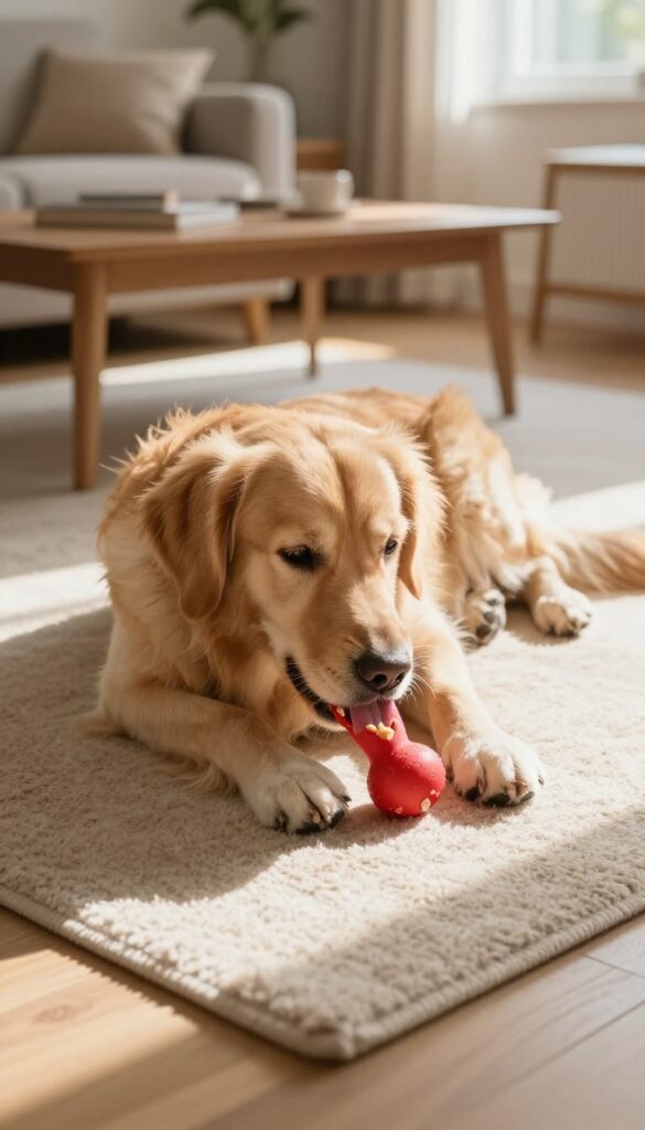 Golden retriever calmly licking a frozen Kong toy on a rug in a sunlit living room