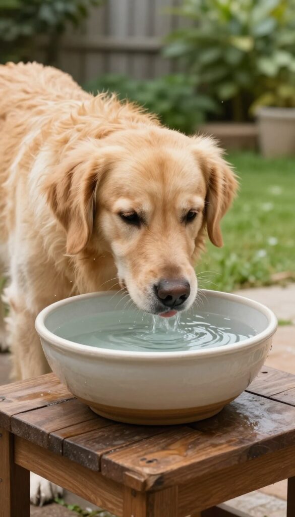 Dog drinking from a heavy ceramic water bowl in a shaded backyard