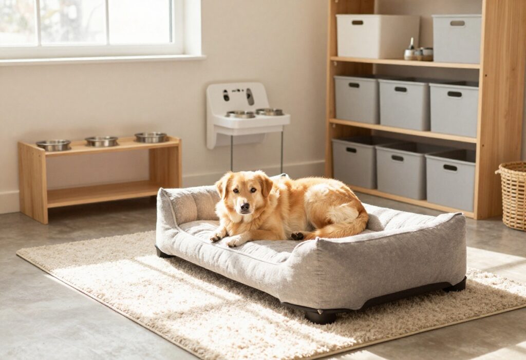 Cozy garage dog room with rubber flooring, raised bed, feeding station, and a happy dog resting