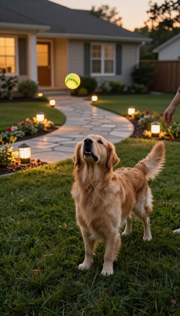 Night lighting in backyard with solar path lights and motion-sensor floodlights, dog and owner playing fetch at dusk