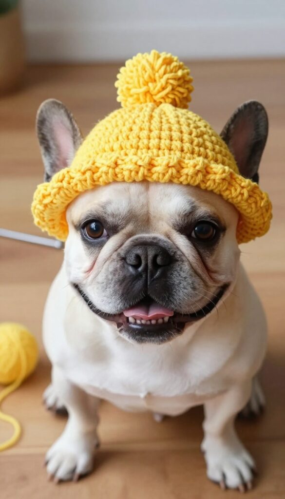 Small dog wearing a crochet hat with ear holes, looking happy in natural light