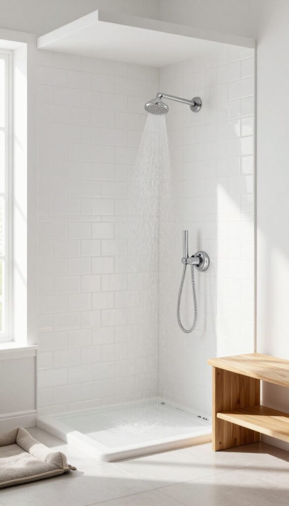 Tiled alcove with handheld sprayer in a bright utility room for dog washing