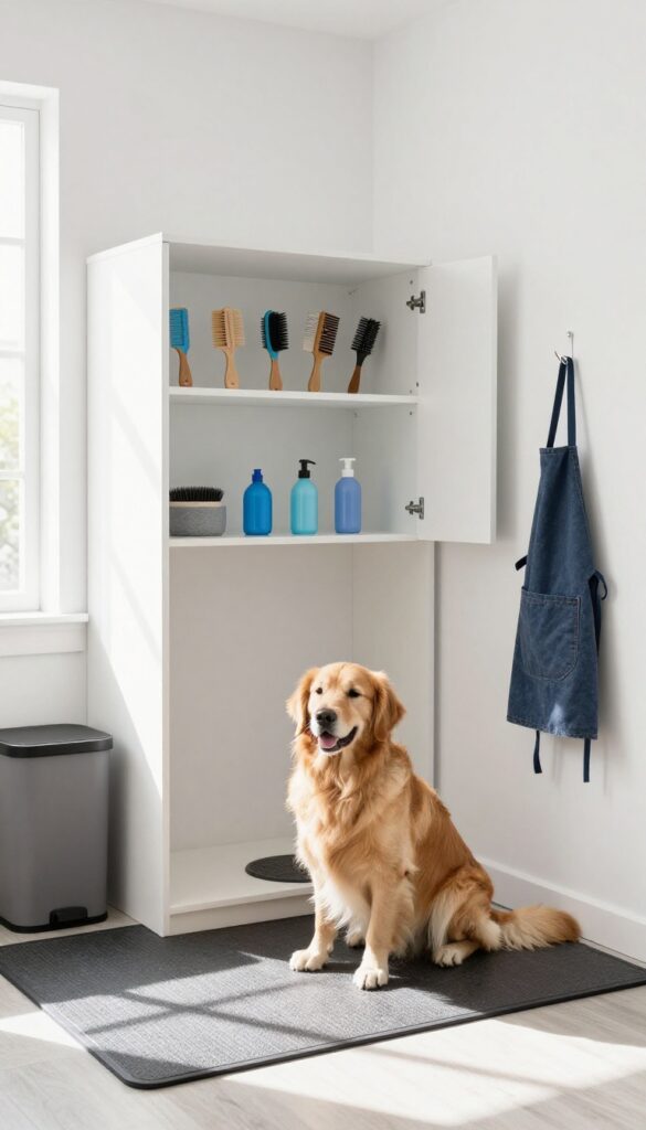 Dog kennel room with wall-mounted grooming station and storage, Golden Retriever sitting on non-slip mat