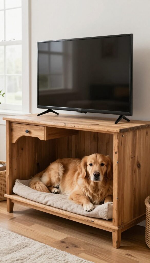 Repurposed old entertainment center as dog crate TV stand with dog inside