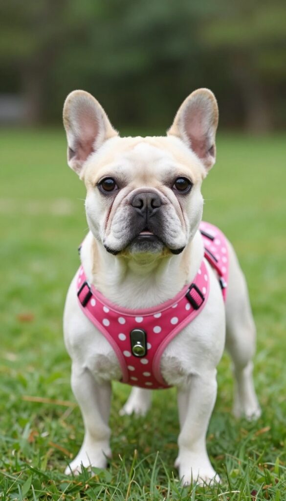 Small dog wearing a polka dot harness in bright natural light, standing on grass.