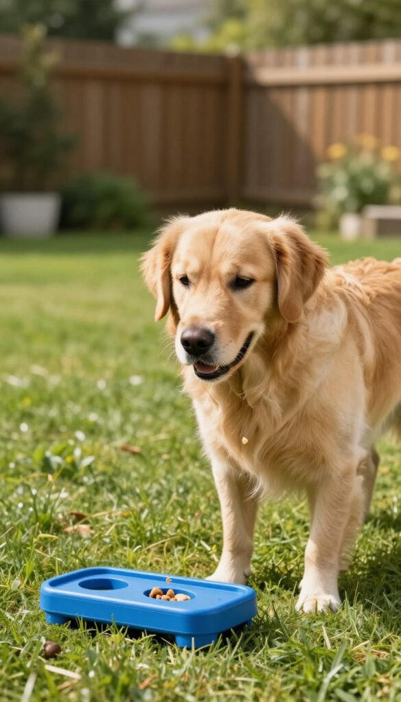 Golden retriever dropping a ball into an interactive fetch launcher with a treat reward