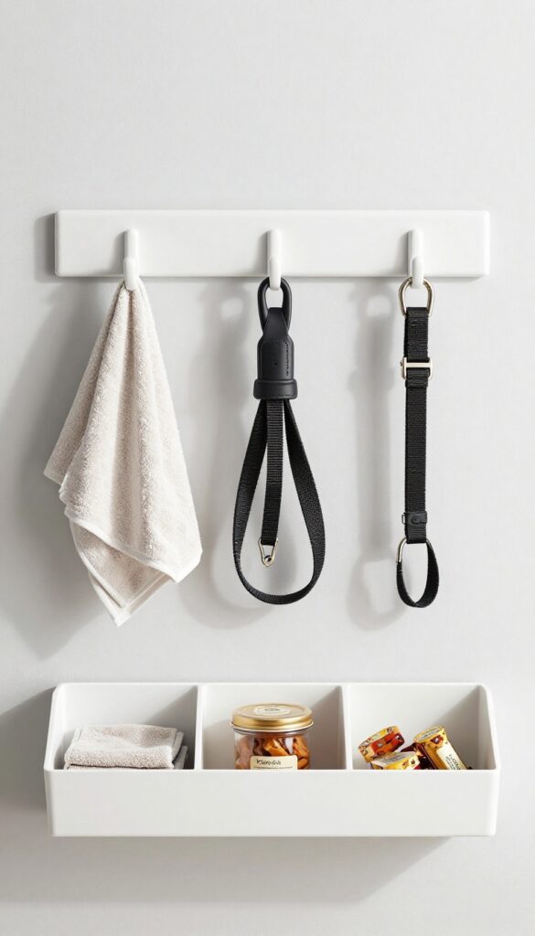 Multi-dog gear station with labeled hooks and cubbies for leashes, collars, and towels