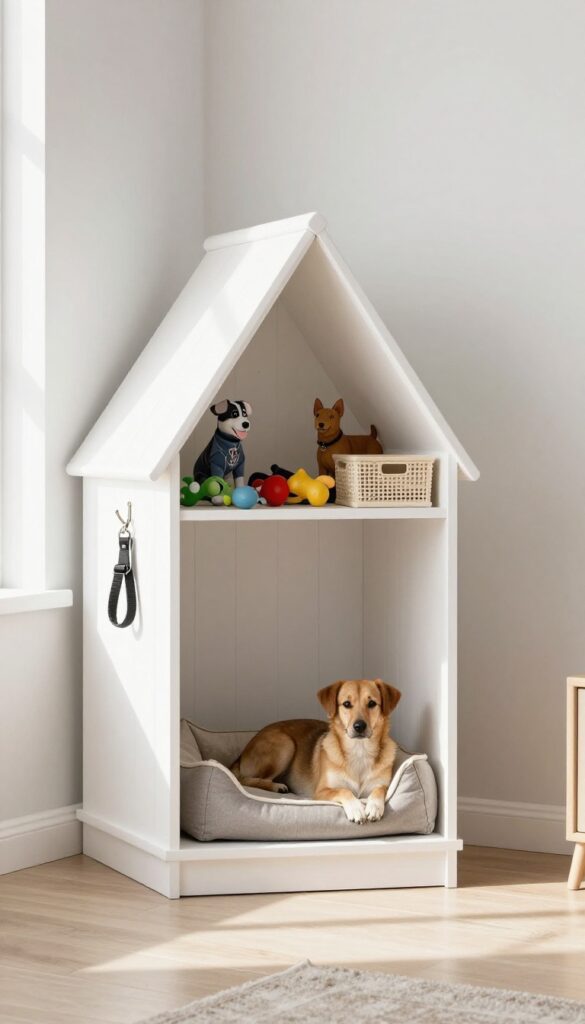 A triangular corner dog kennel with built-in storage shelves, a dog resting inside, in a bright living room.