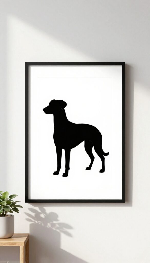 Minimalist line art print of a Greyhound in a black frame on a white wall with natural light and a small plant