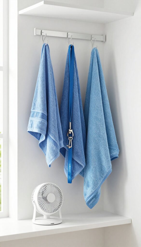 Laundry room drying station with hooks holding wet towel, leash, and dog coat, with a fan nearby.