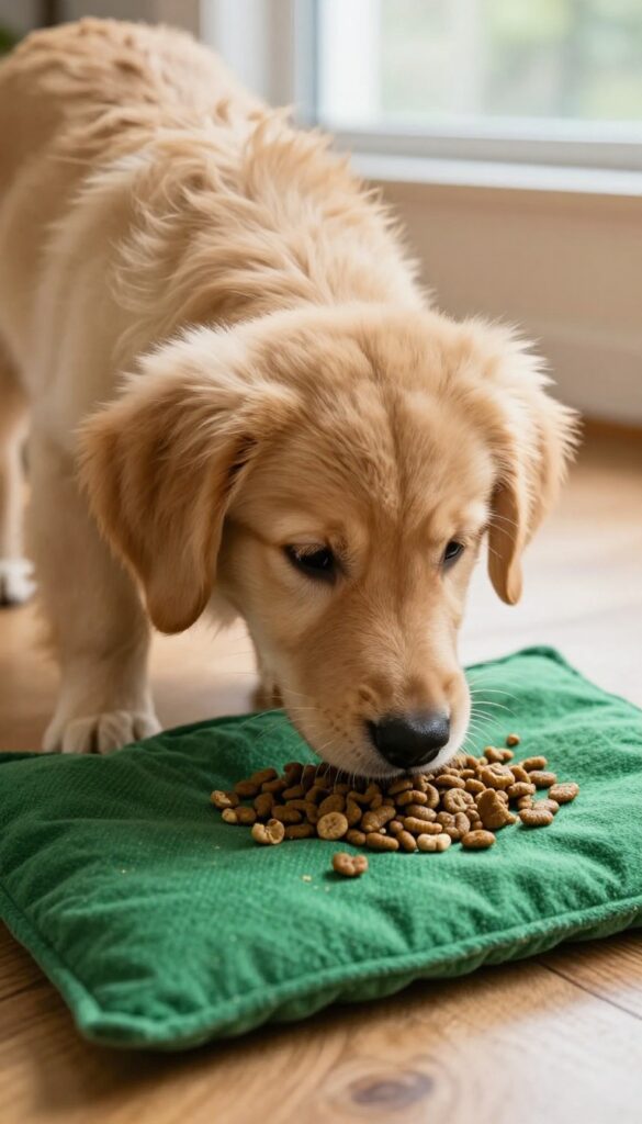 Golden retriever puppy using a snuffle mat for foraging fun