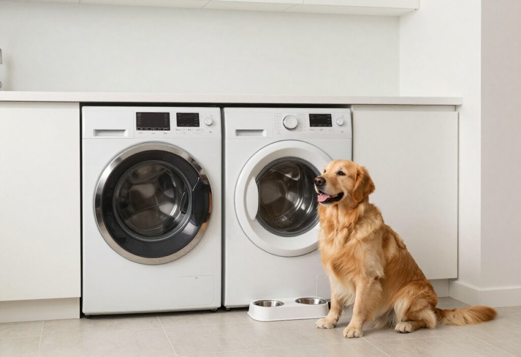 Dog-friendly laundry room with built-in crate, feeding station, and utility sink, golden retriever sitting on tile floor.