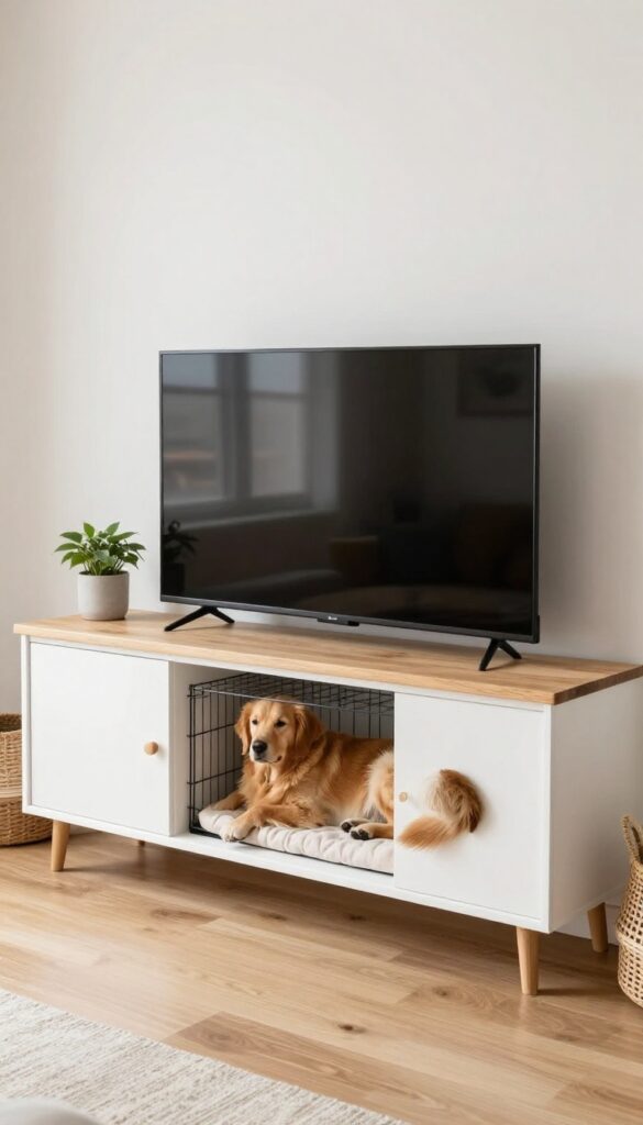 Custom built wooden TV console with dog crate cubby in bright living room, golden retriever resting inside