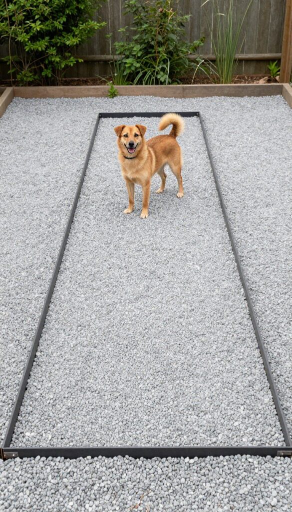 Narrow side yard dog run with pea gravel over landscape fabric, contained by metal edging, with a small dog standing on the gravel surface.