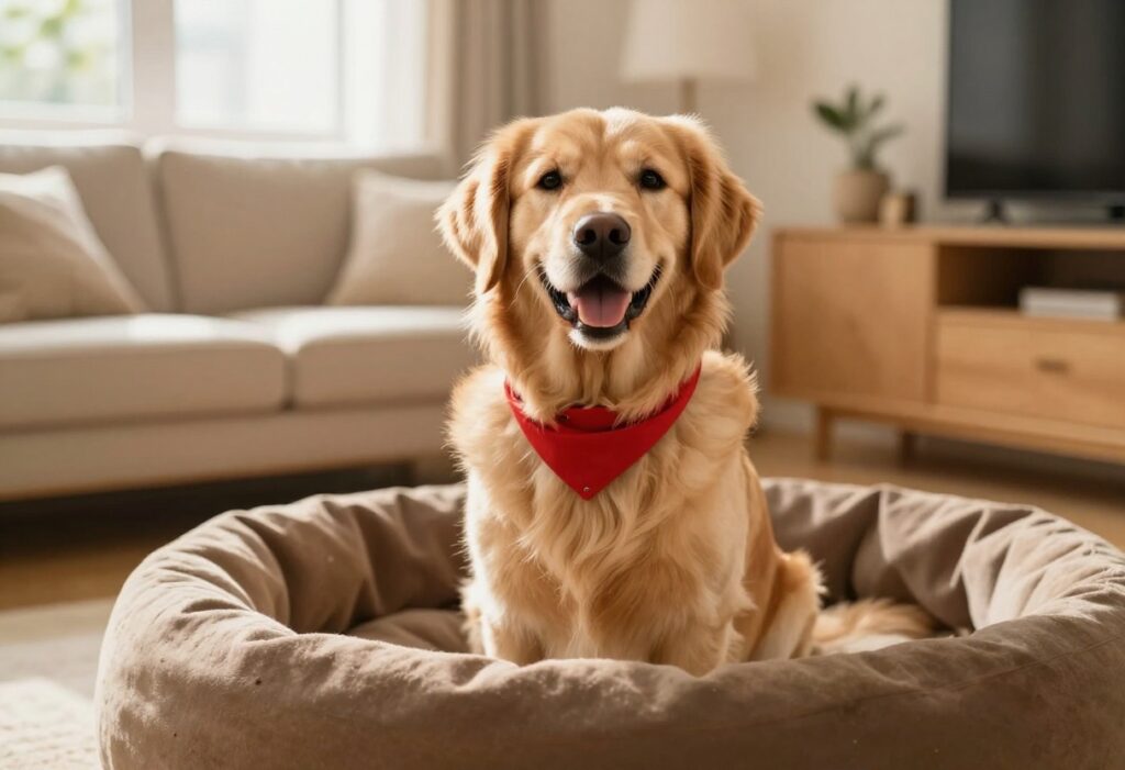 Golden retriever wearing a red bandana and collar on a cozy cave bed in a sunny living room.