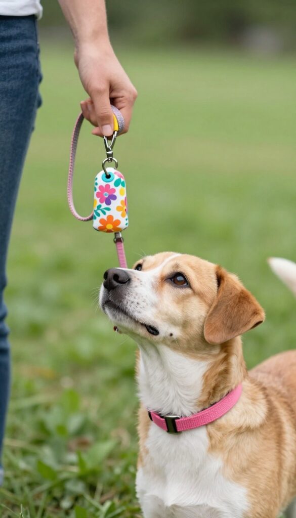 Floral printed poop bag dispenser clipped to a dog leash on a walk in the park.