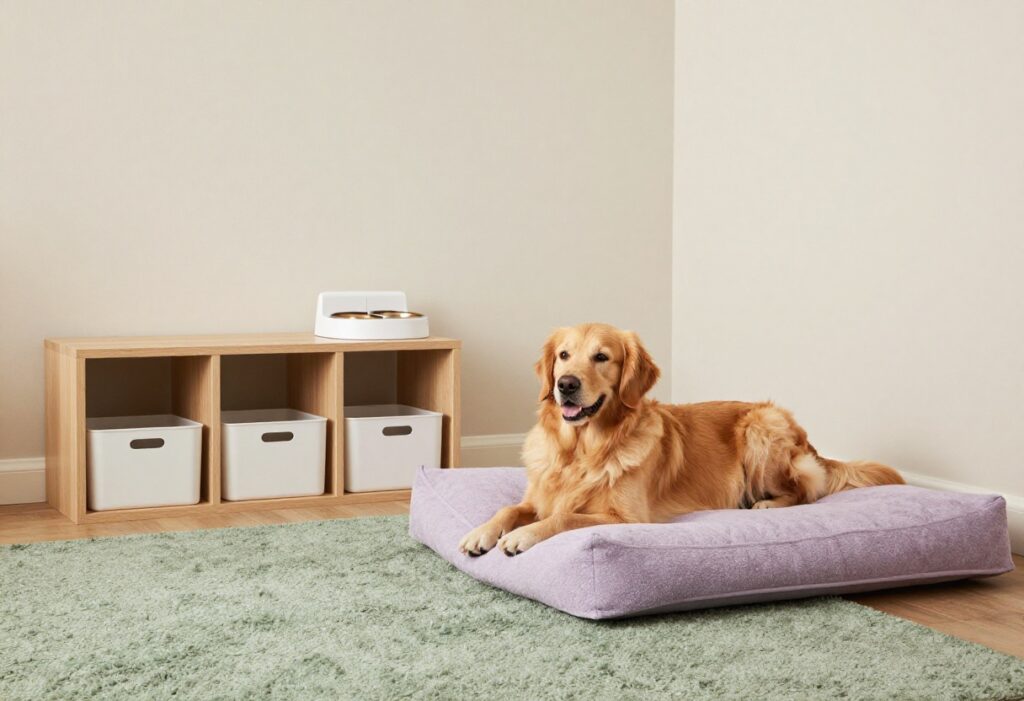 Cozy indoor dog room with feeding station and dog on bed