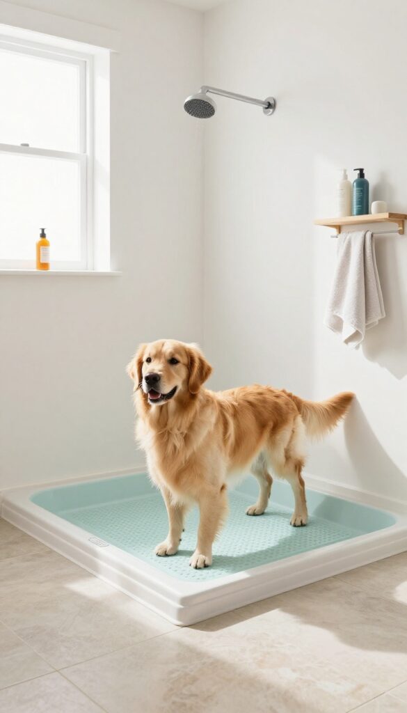 A dog standing in a low-threshold walk-through shower pan in a mudroom, with a handheld sprayer and shelf for supplies.