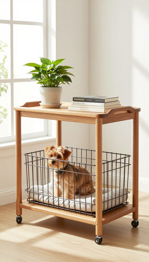 Rolling cart kennel table with dog inside and plant on top in a bright living room