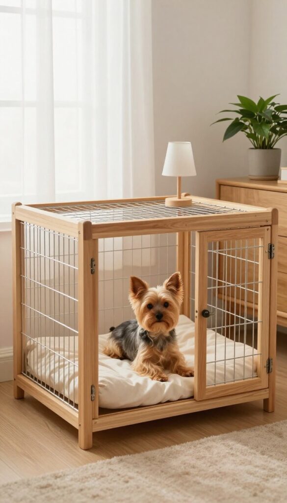 Converted nightstand dog crate in a bright bedroom with a small dog resting inside