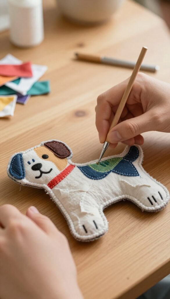 A person sewing a colorful patch onto a torn dog toy, with fabric scraps and sewing supplies on a table.
