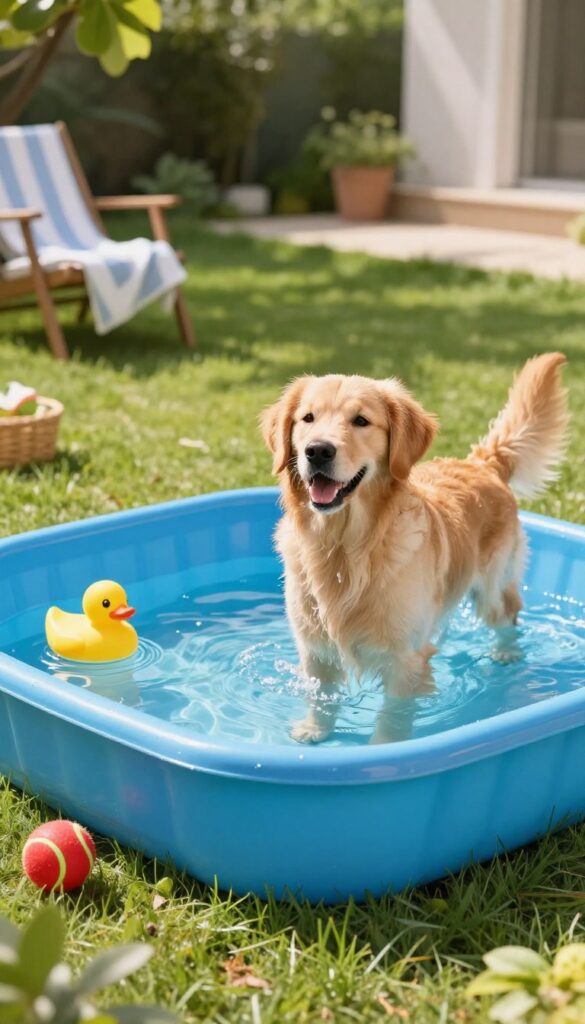 Golden retriever splashing in a shallow blue kiddie pool with floating toys on a sunny grassy backyard