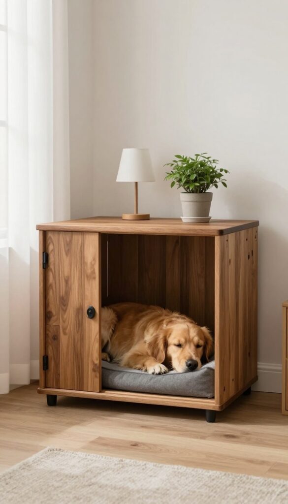 Furniture-style dog crate with side table top in a bright living room, holding a lamp and plant, with a dog resting inside