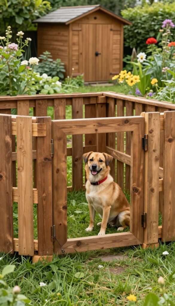 Rustic dog run made from repurposed wooden pallets in a sunny backyard with a dog sitting inside.