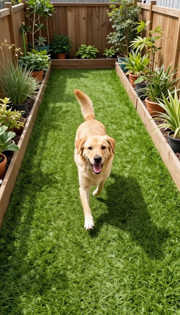 Dog running on artificial turf in a clean, low-maintenance backyard dog run.