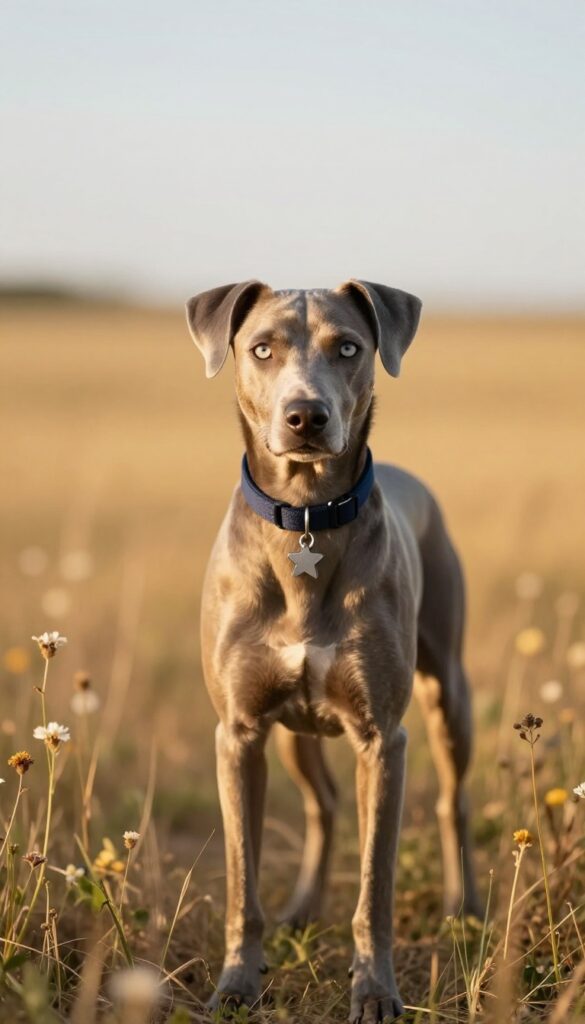 A photorealistic image of a sleek silver-gray dog with bright eyes, wearing a navy blue collar with a silver star tag, standing in a sunlit field at golden hour.